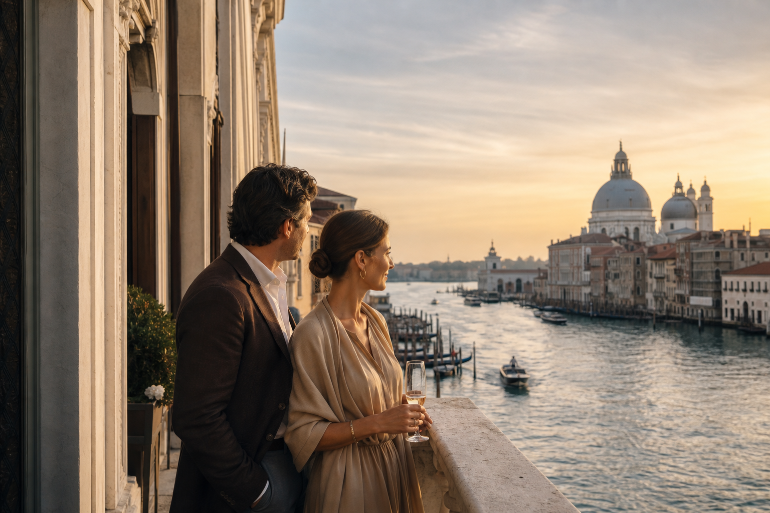 A couple overlooking the Venice Grand Canal on a private Northern Italy journey
