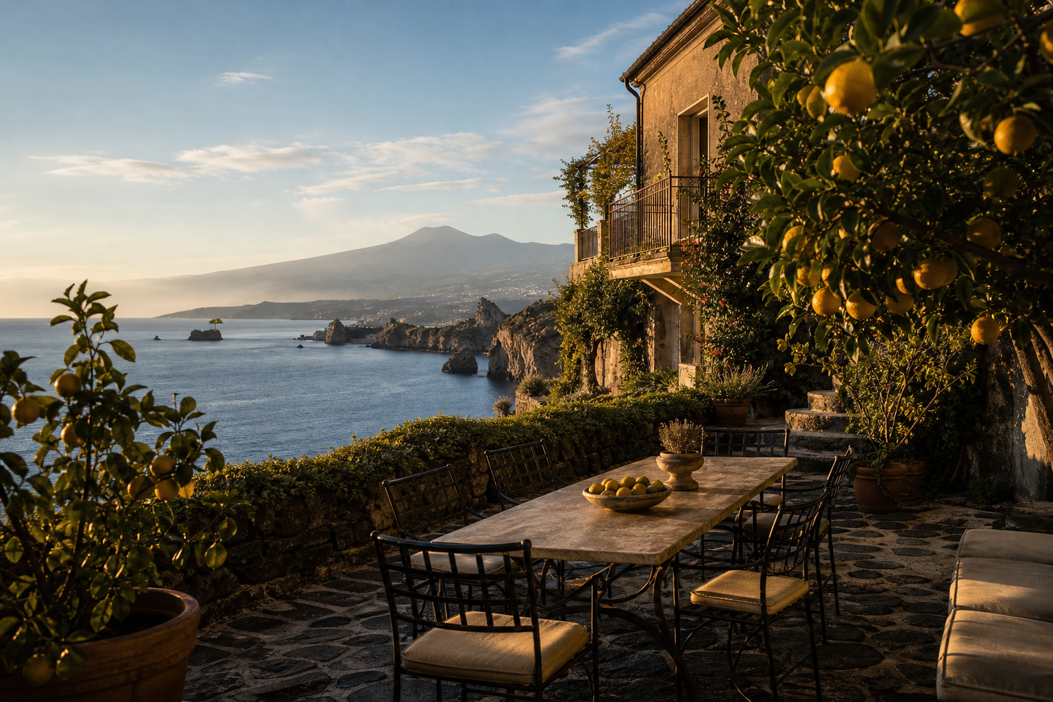 Sicily private villa terrace overlooking the Mediterranean Sea