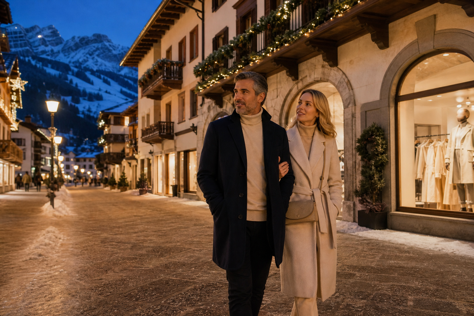 Elegant guests on Corso Italia in Cortina during a winter evening