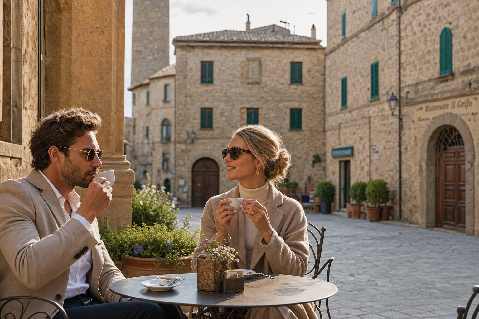 Two young luxury American travelers drinking espresso in a Montalcino piazza