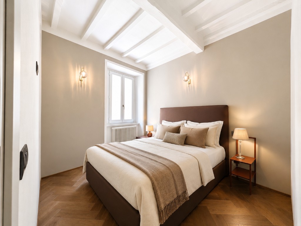 Elegant bedroom in a panoramic suite in Montalcino