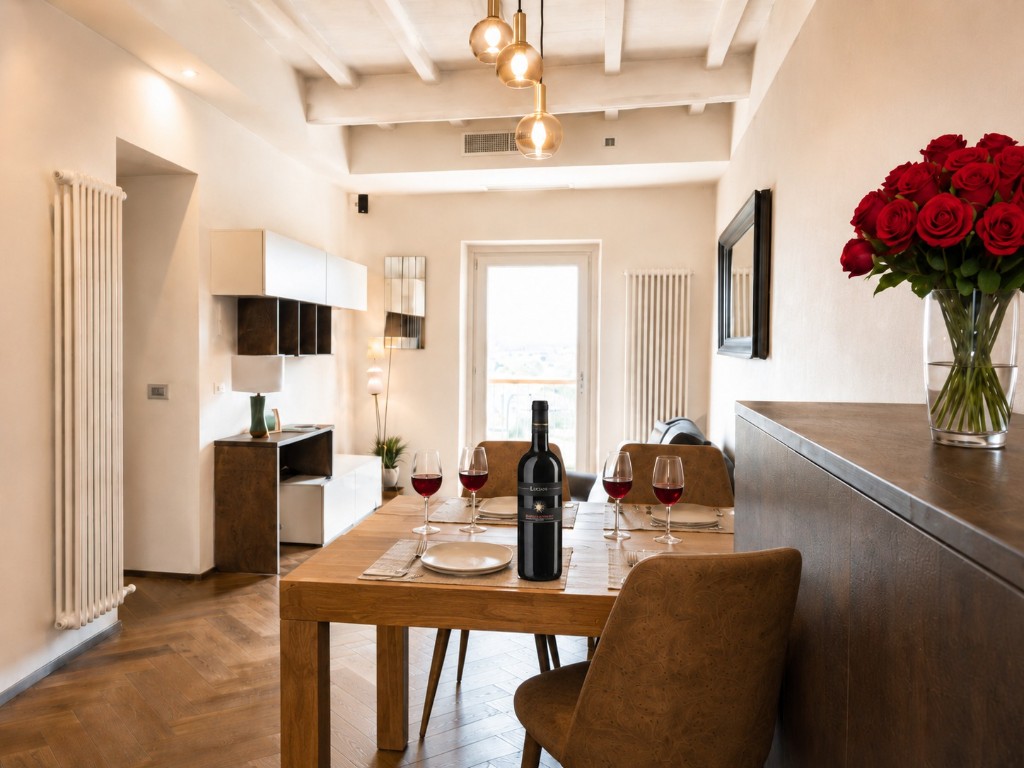 Elegant Montalcino apartment dining table with Brunello wine