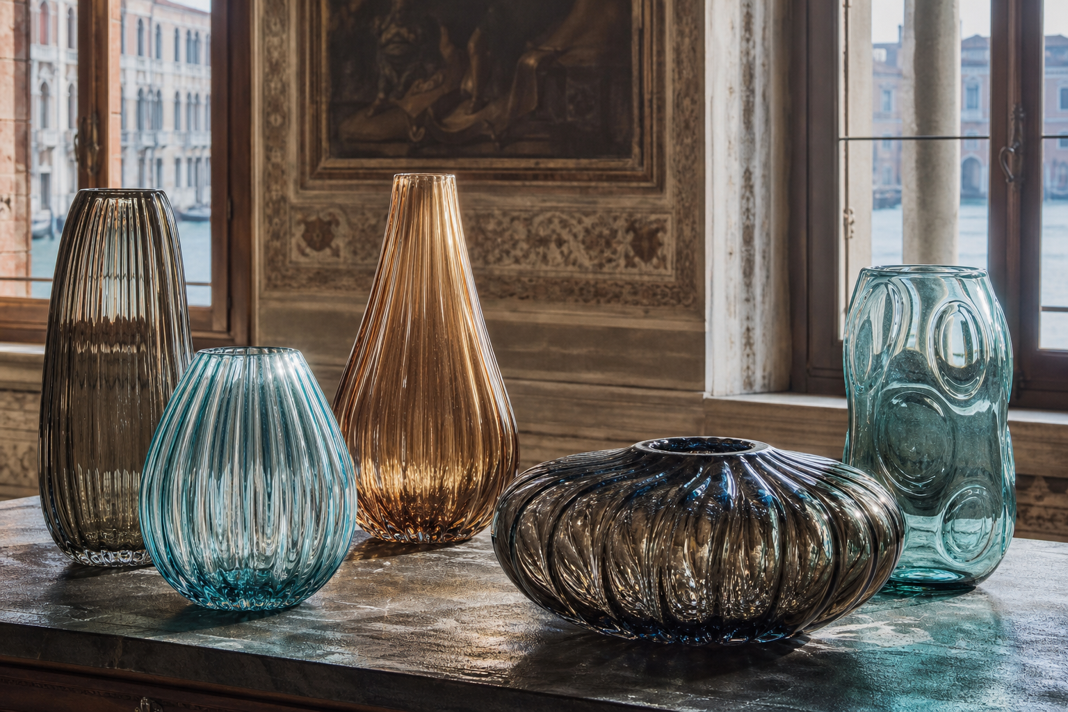 Murano glass vases in an elegant Venetian interior