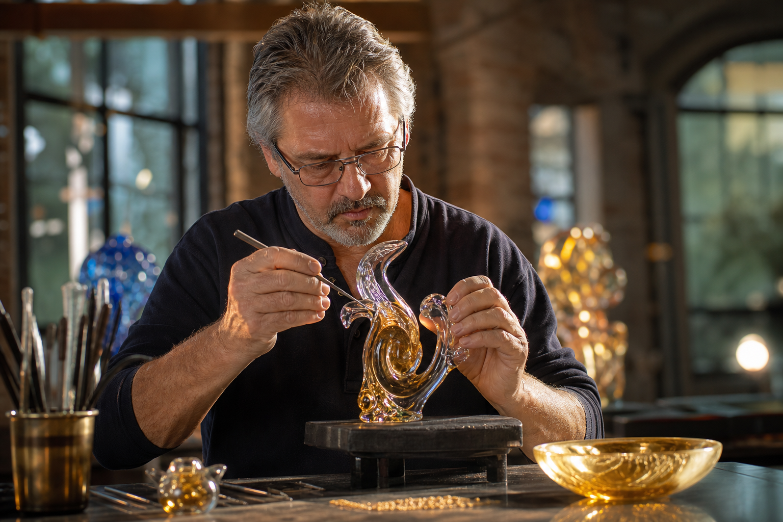 Murano artisan shaping a refined glass artwork