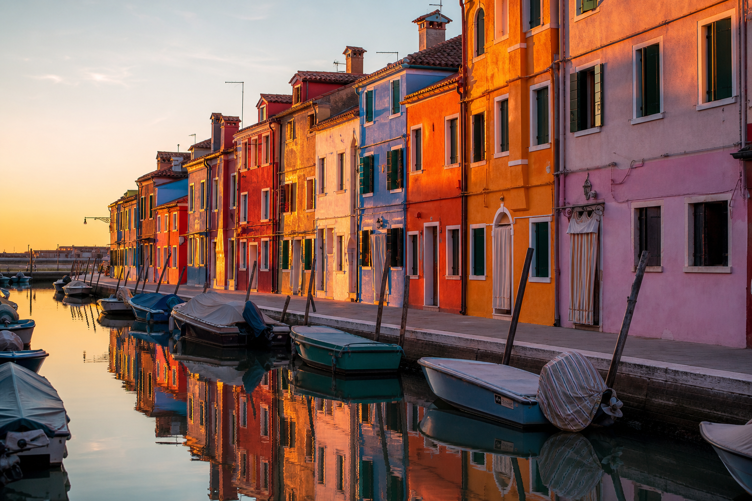 Burano canal with colourful houses at golden hour