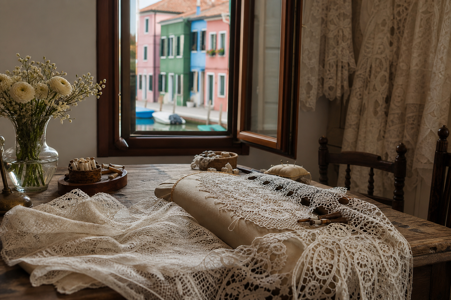 Burano lace atelier beside the lagoon