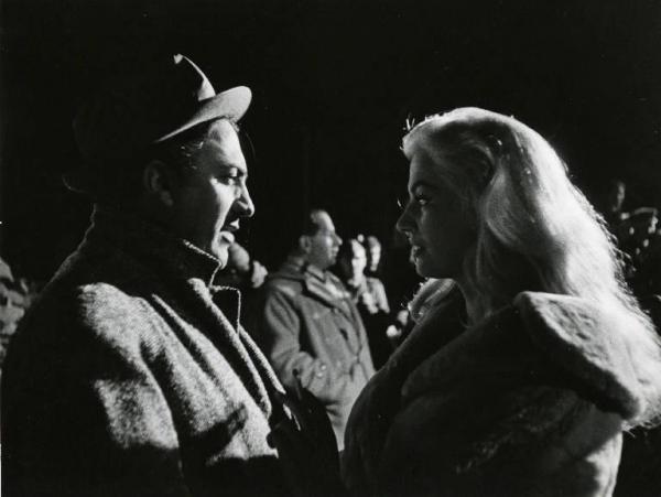 Federico Fellini and Anita Ekberg on the set of La Dolce Vita in Rome, 1960