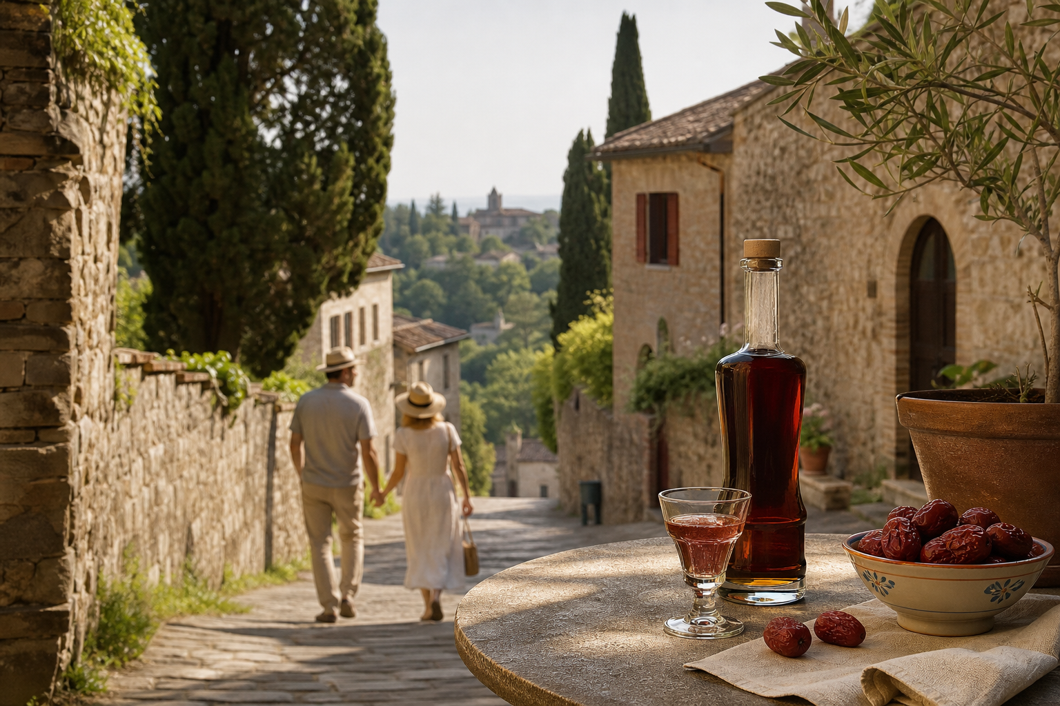 Jujube liqueur and medieval village detail in Arquà Petrarca