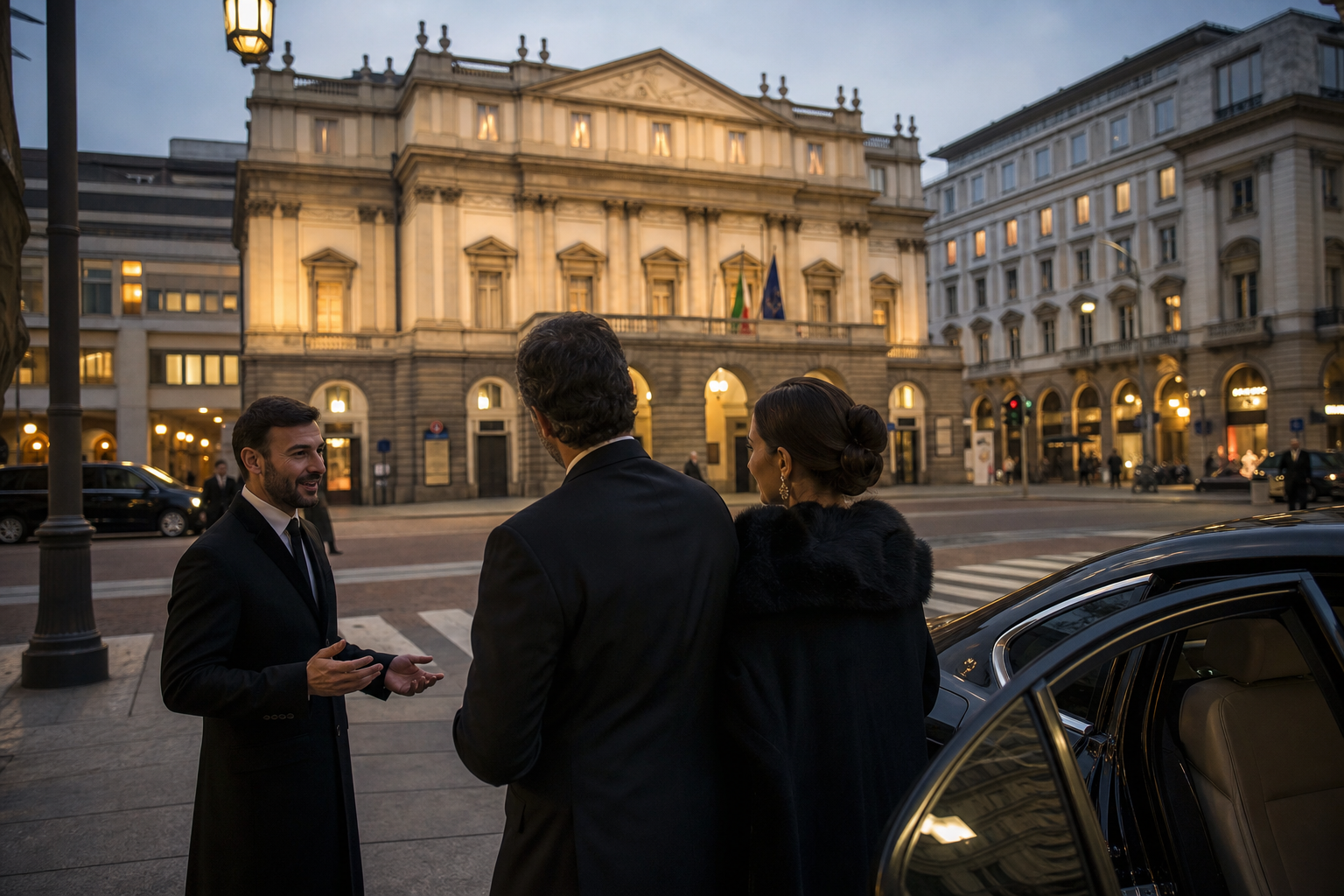 Private evening arrival at La Scala in Milan