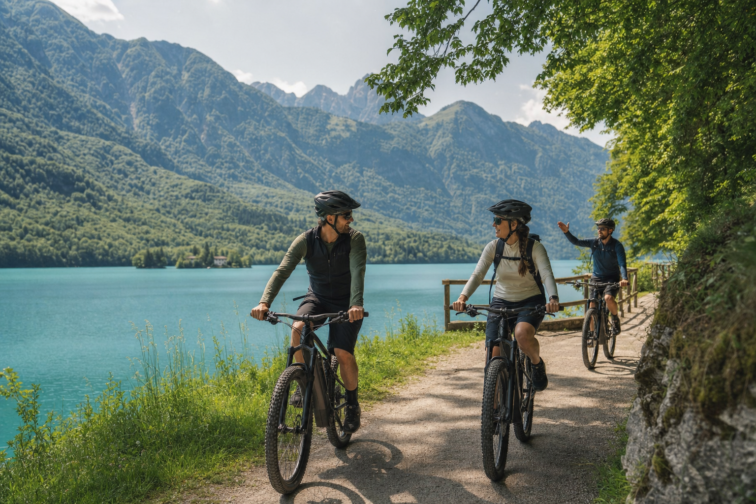 Elegant travellers cycling along Lake Barcis in the Valcellina