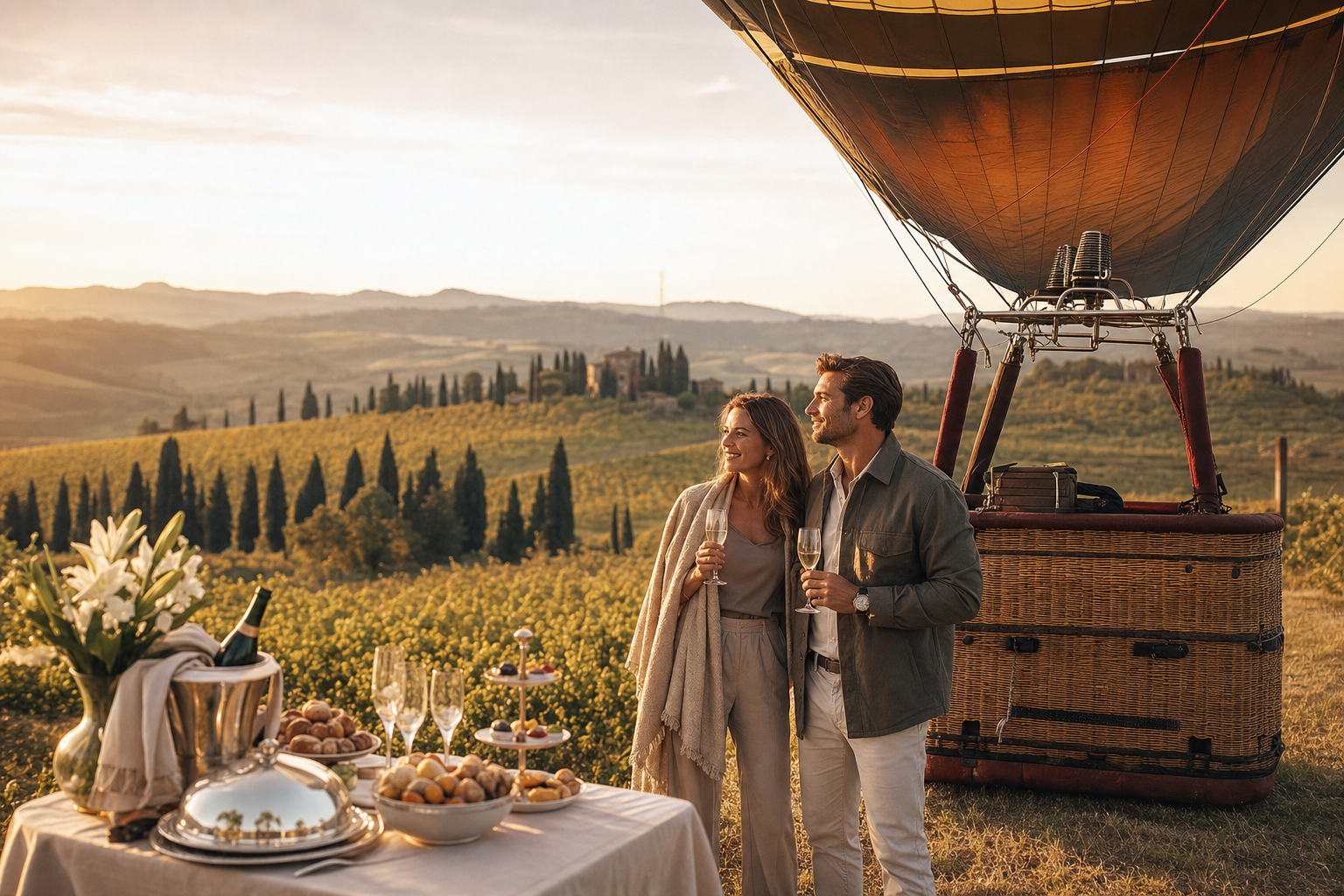 Private hot-air balloon rhythm over Tuscany