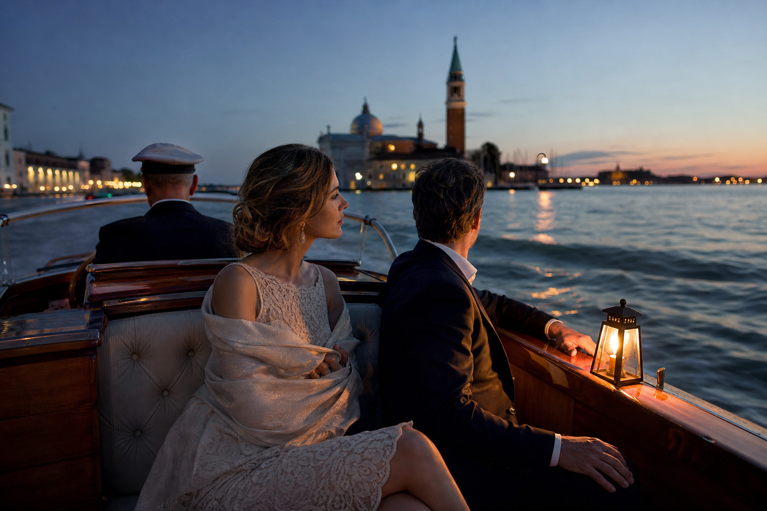 Private evening boat passage across the Venetian lagoon