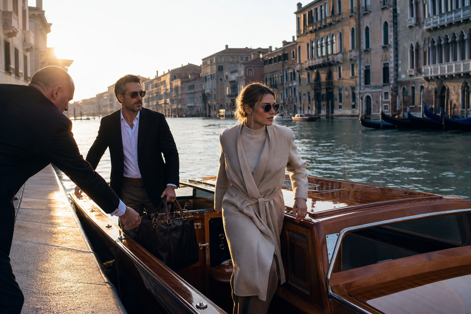 Private wooden water taxi arrival in Venice