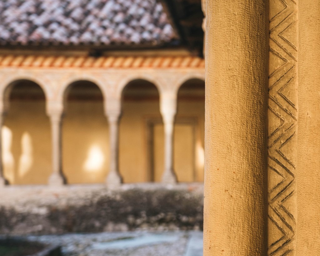 Follina Abbey column detail and cloister atmosphere