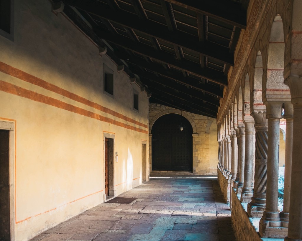 Covered walkway inside Follina Abbey cloister