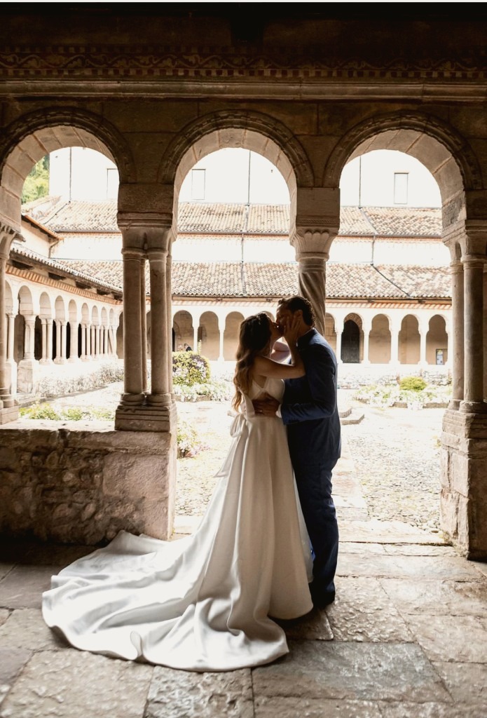 Elisa and Siro during a private wedding photo set at the Abbey of Santa Maria in Follina