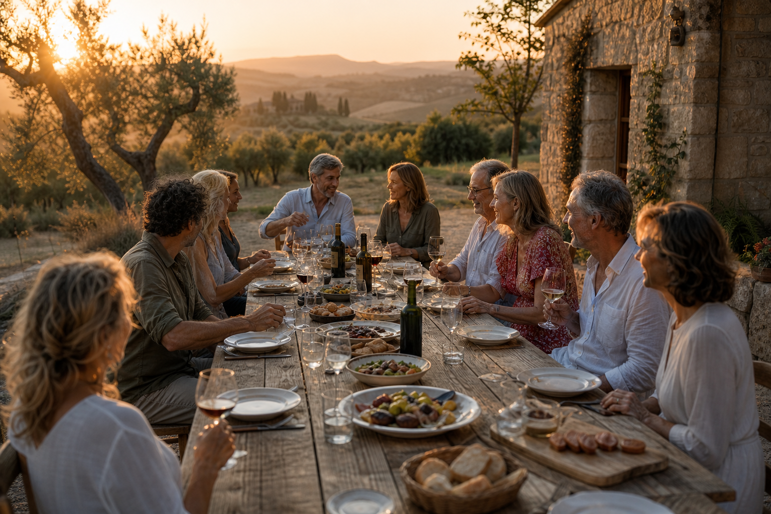 Tuscan farmhouse table at golden hour
