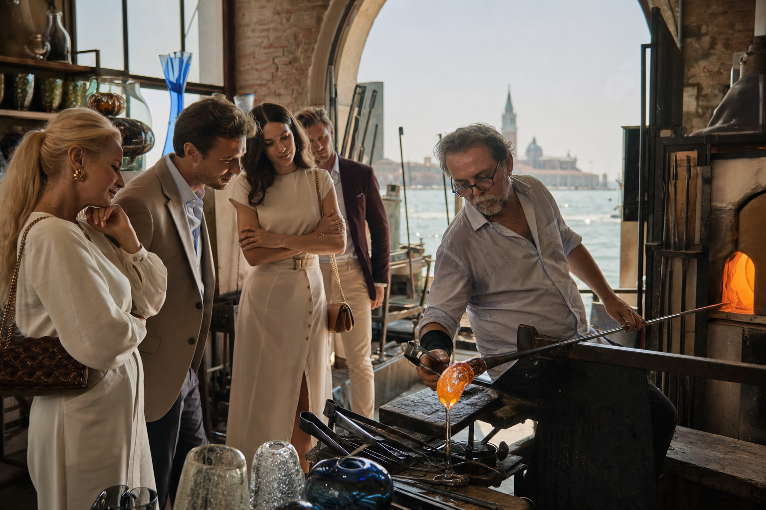 Private Murano glassmaking visit with elegant guests