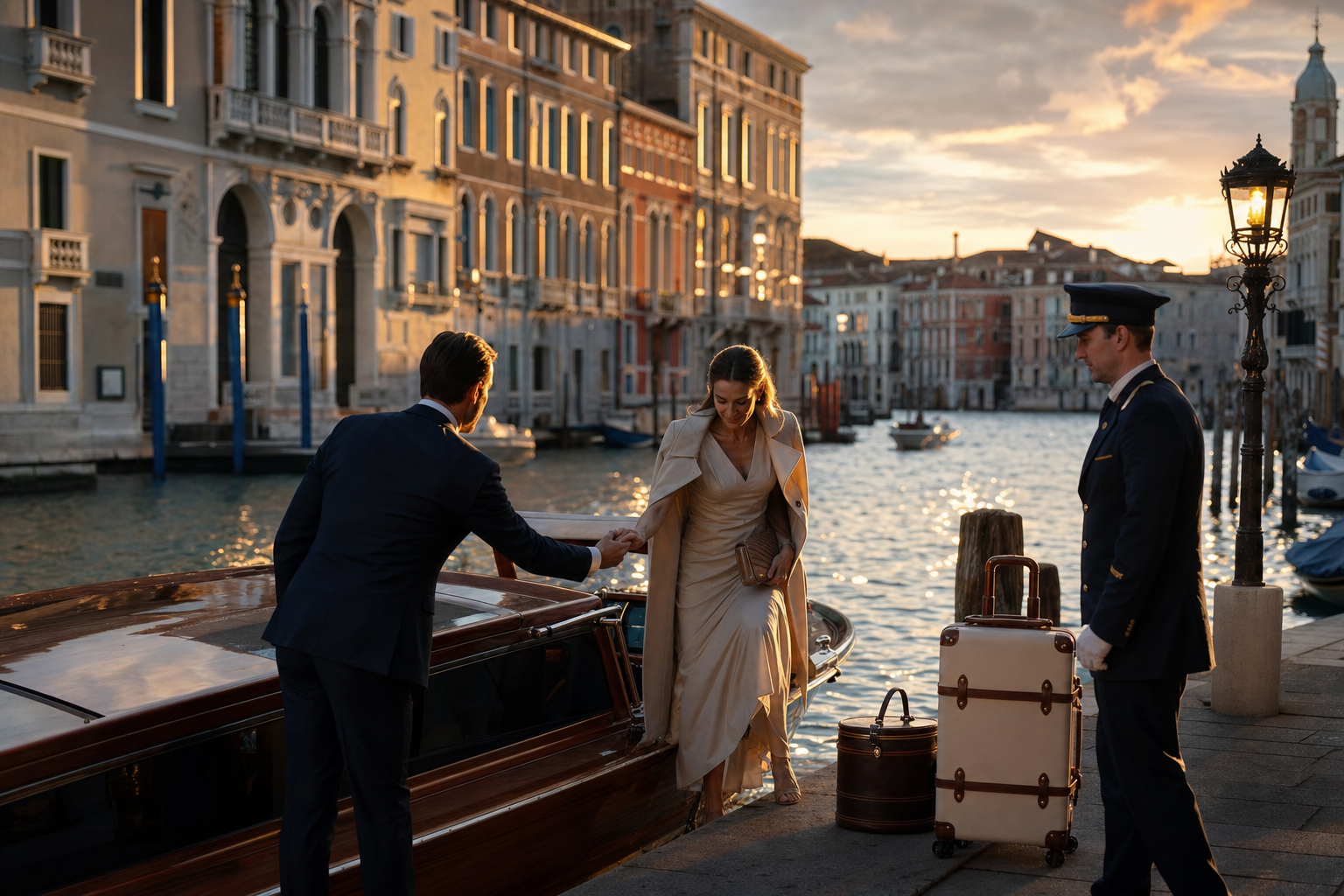 Private water taxi arrival in Venice at golden hour