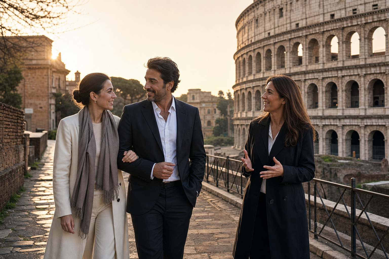 Private morning walk by the Colosseum with an elegant couple and guide