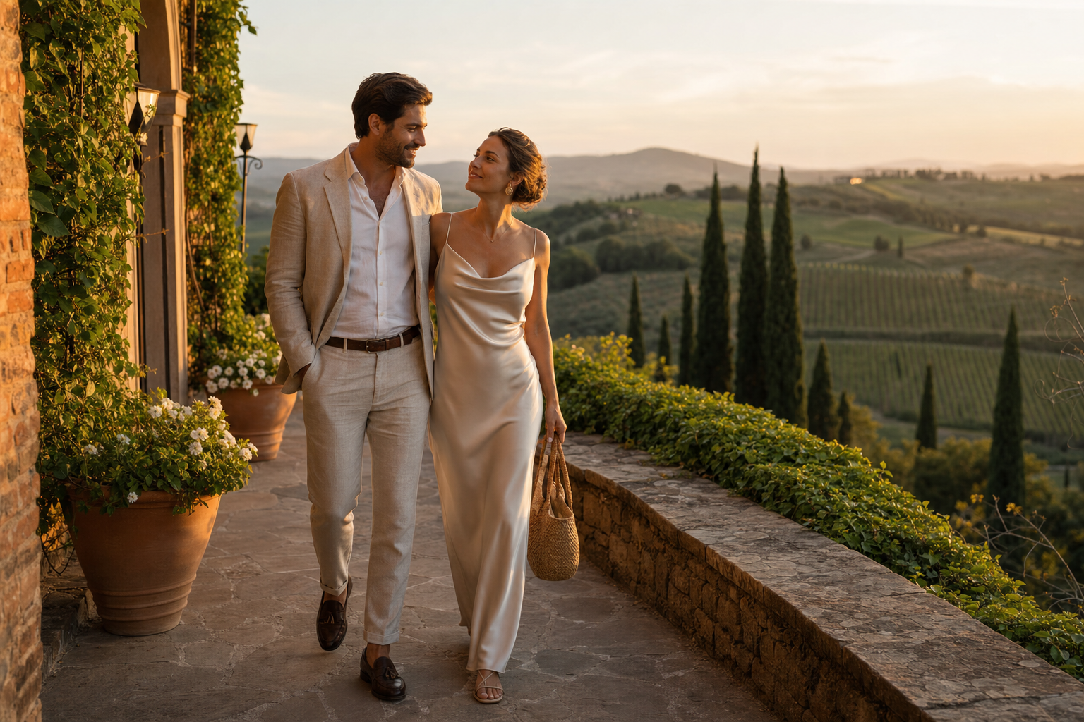 Luxury honeymoon couple on a private Tuscan villa terrace