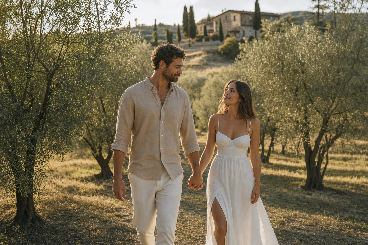 Elegant couple walking through a Tuscan olive grove