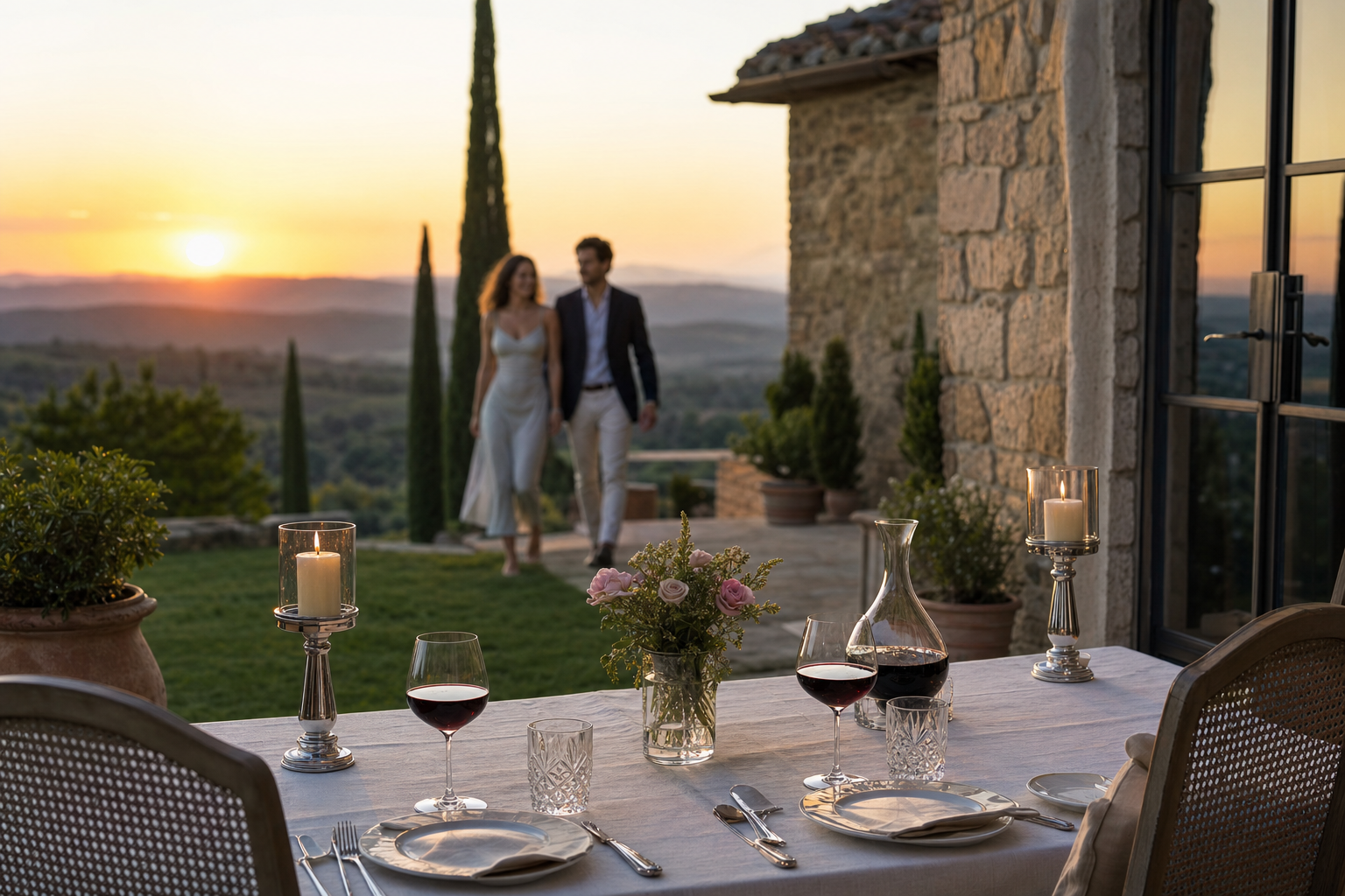 Private villa terrace in Chianti prepared for a romantic wine dinner