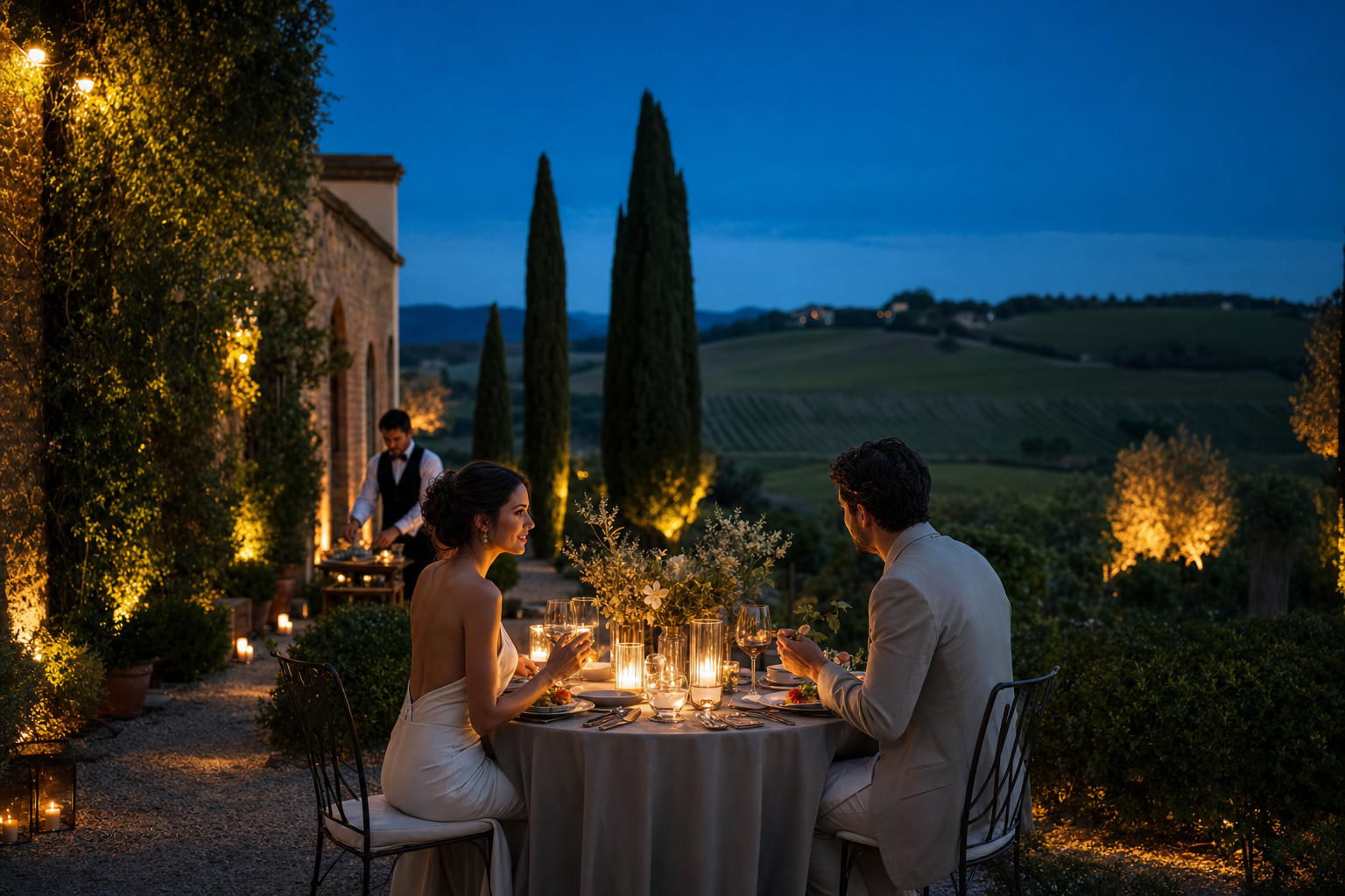 Romantic private dinner in the Tuscan countryside at blue hour