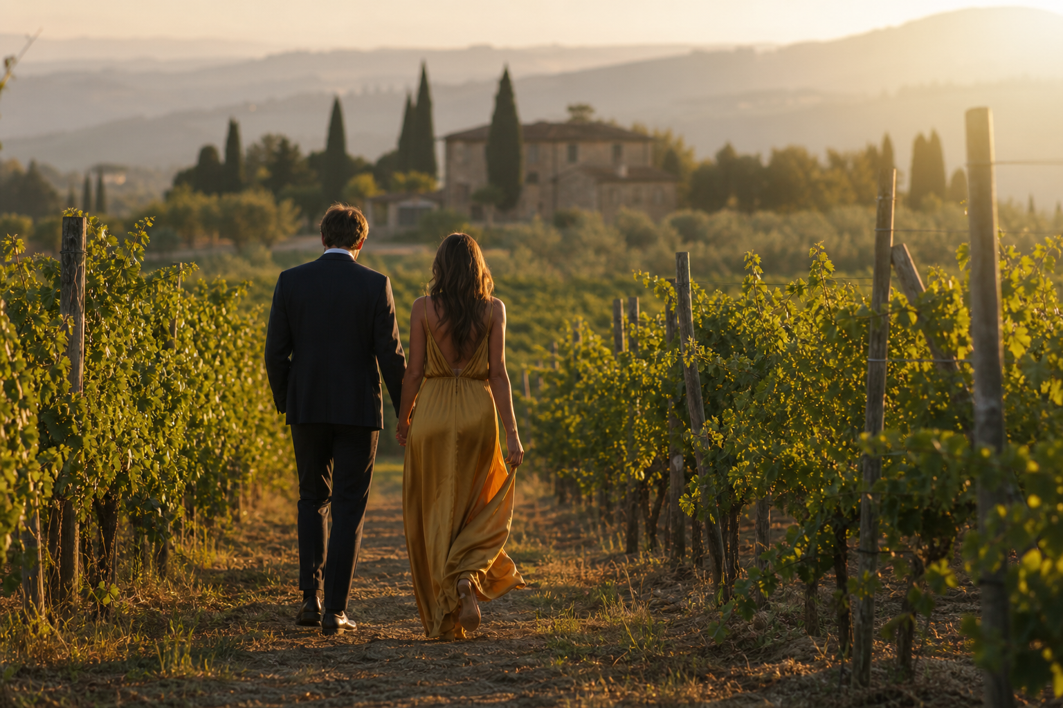 Elegant honeymoon couple walking through a Chianti vineyard at golden hour