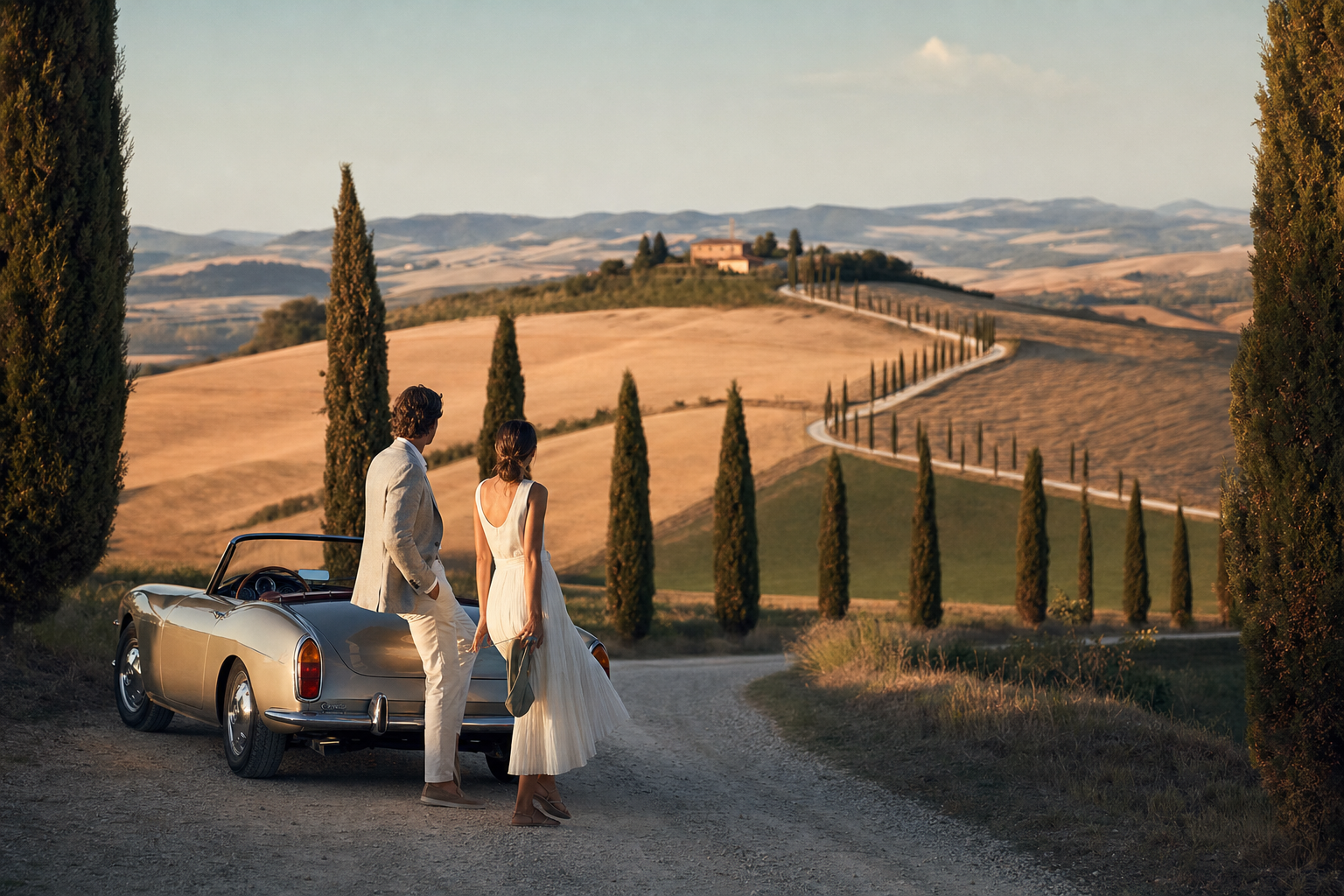 Val d'Orcia cypress road with a private honeymoon couple