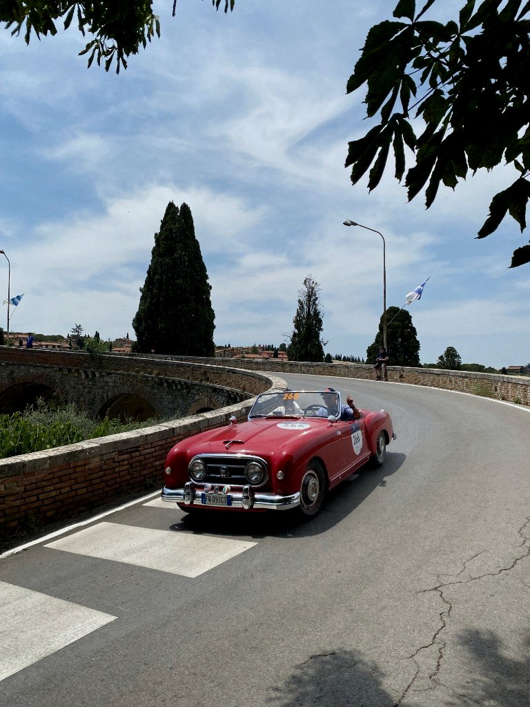 Ferrari tribute cars passing spectators on the Mille Miglia route - OHH! Italy Journal
