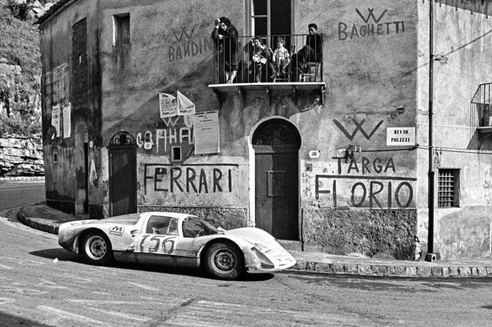 Historic Ferrari at the Targa Florio in a Sicilian village