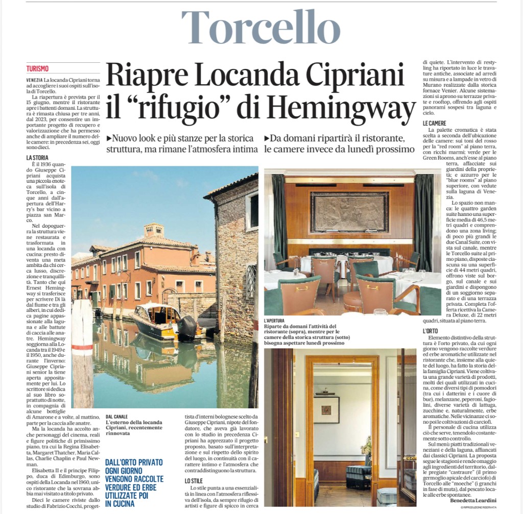 Press clipping about the reopening of Locanda Cipriani in Torcello, Venice