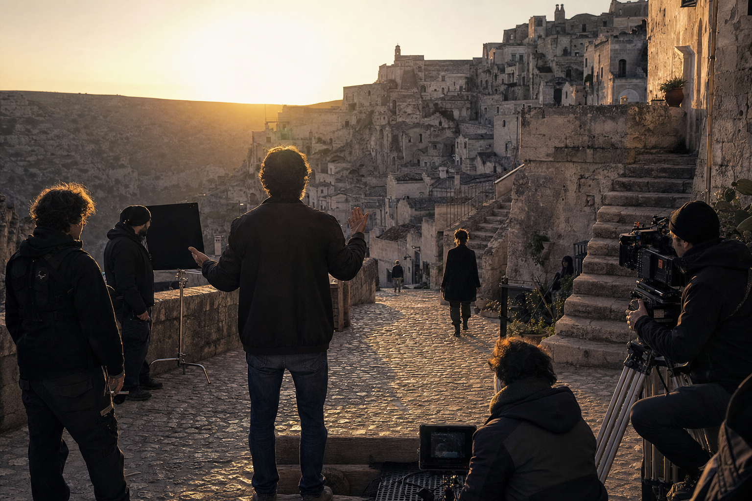 Non-identifying cinema crew preparing a scene in Matera at sunrise
