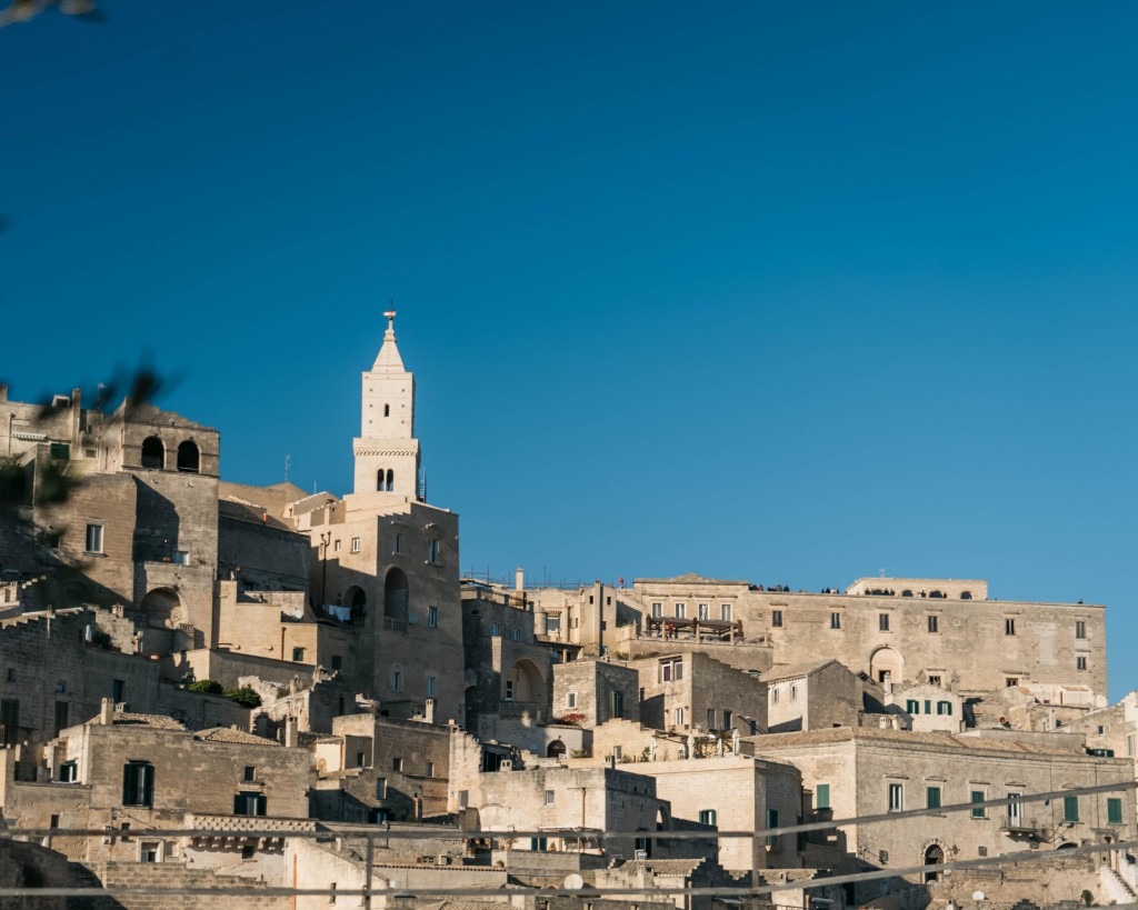 Matera Sassi skyline in daylight with cathedral tower
