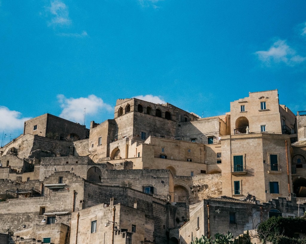 Matera stone houses under blue sky