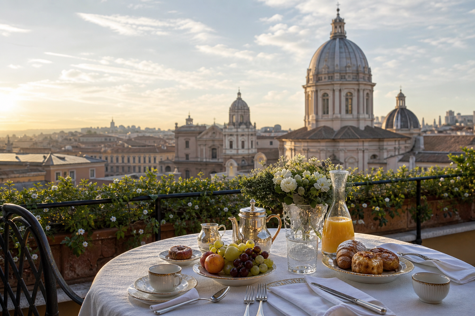 Private terrace breakfast in Rome at sunrise