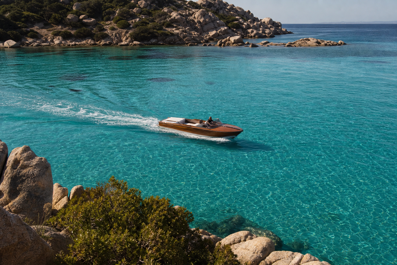 Private boat on turquoise Sardinian water near Olbia