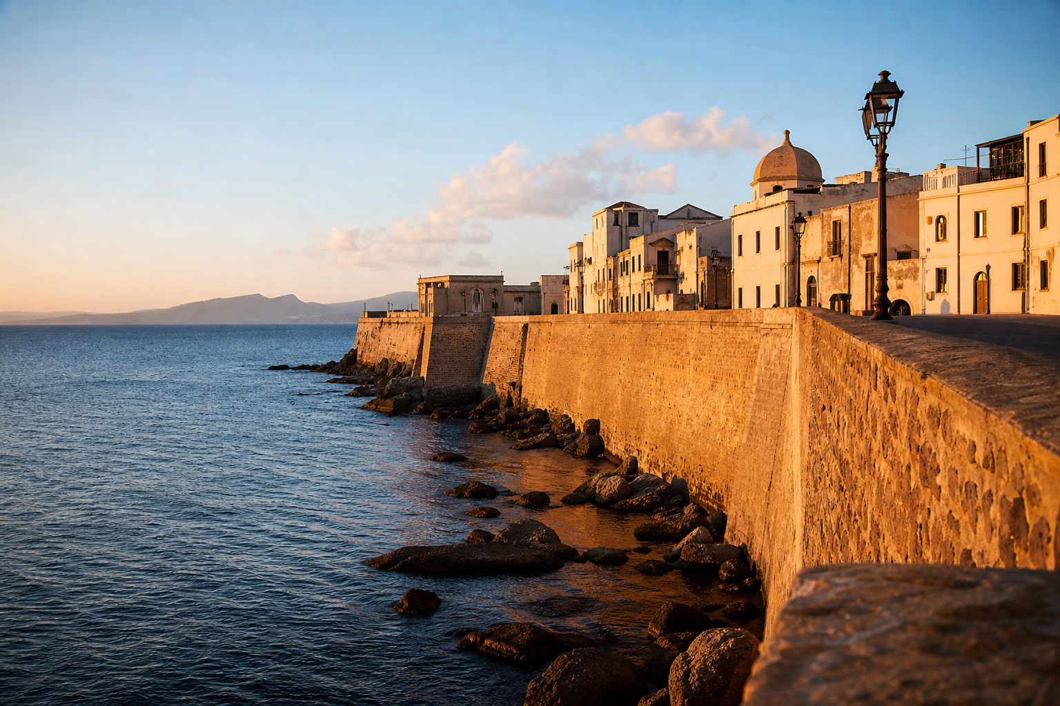 Alghero sea walls at golden hour in Sardinia