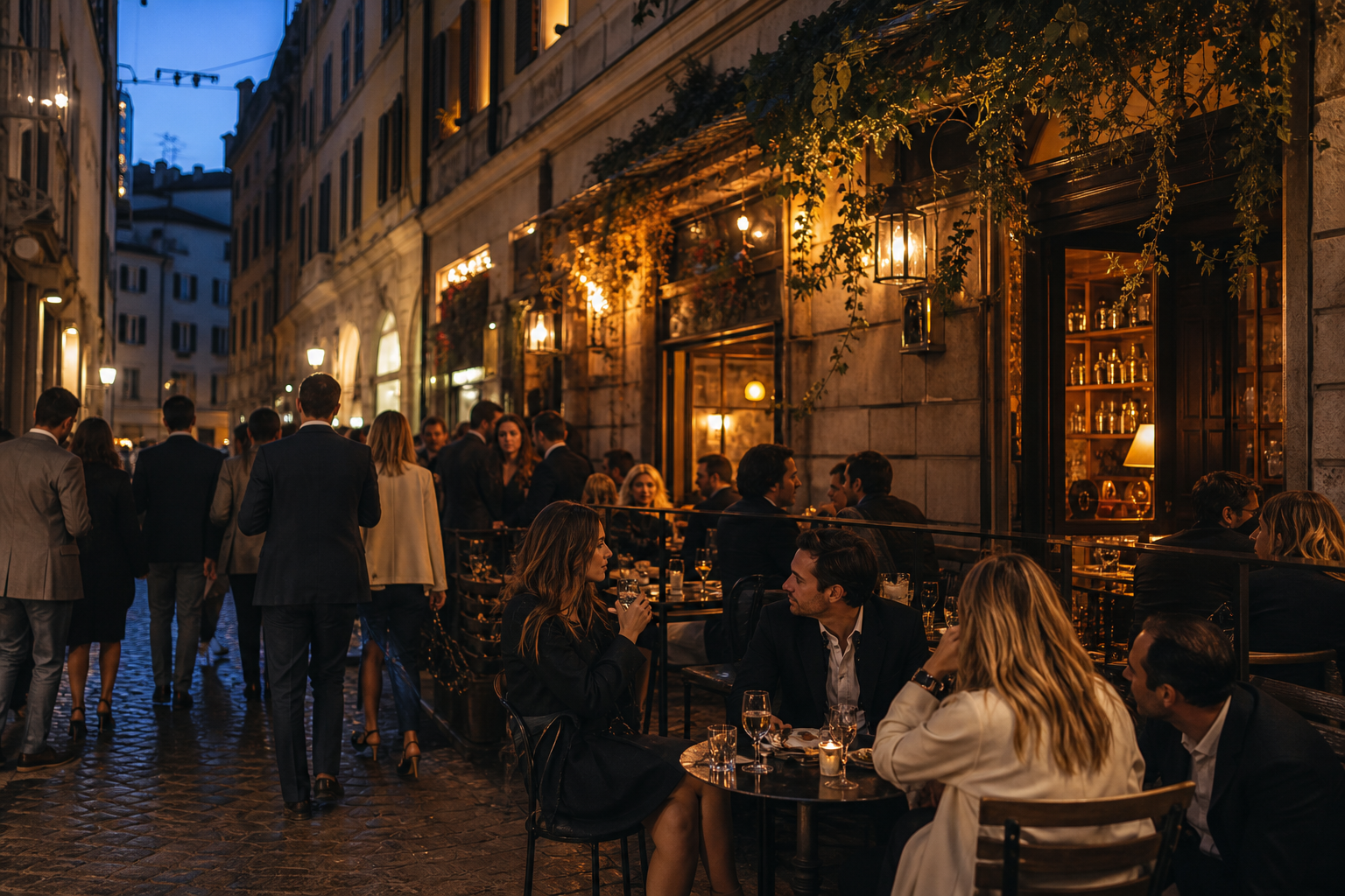 Evening aperitivo on a cobblestone street in Milan Brera