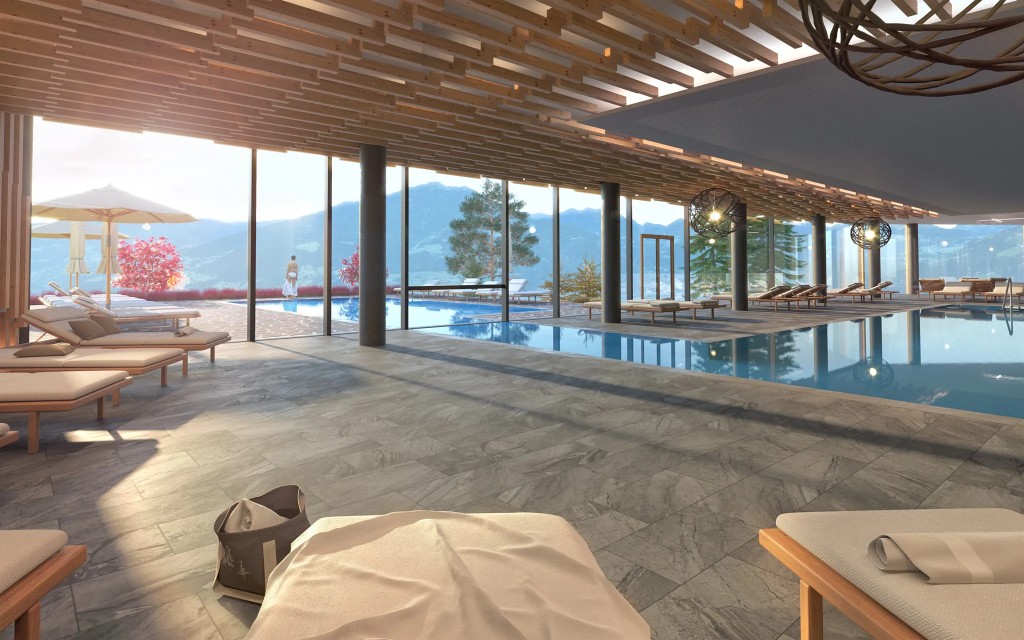Indoor-outdoor pool · spa and mountain view