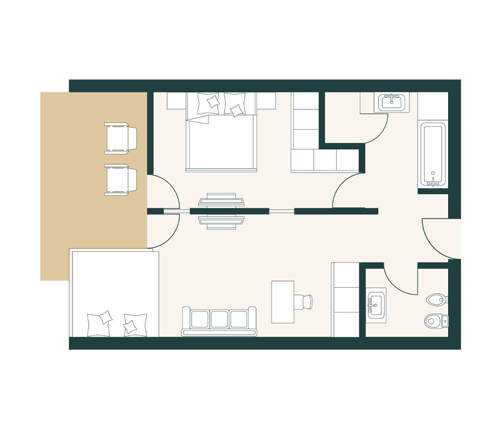 Hangout Suite floor plan · living, sleeping and bathroom layout