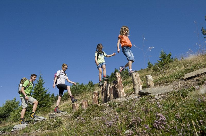 WoodyWalk family trail · wooden play installations on the Plose