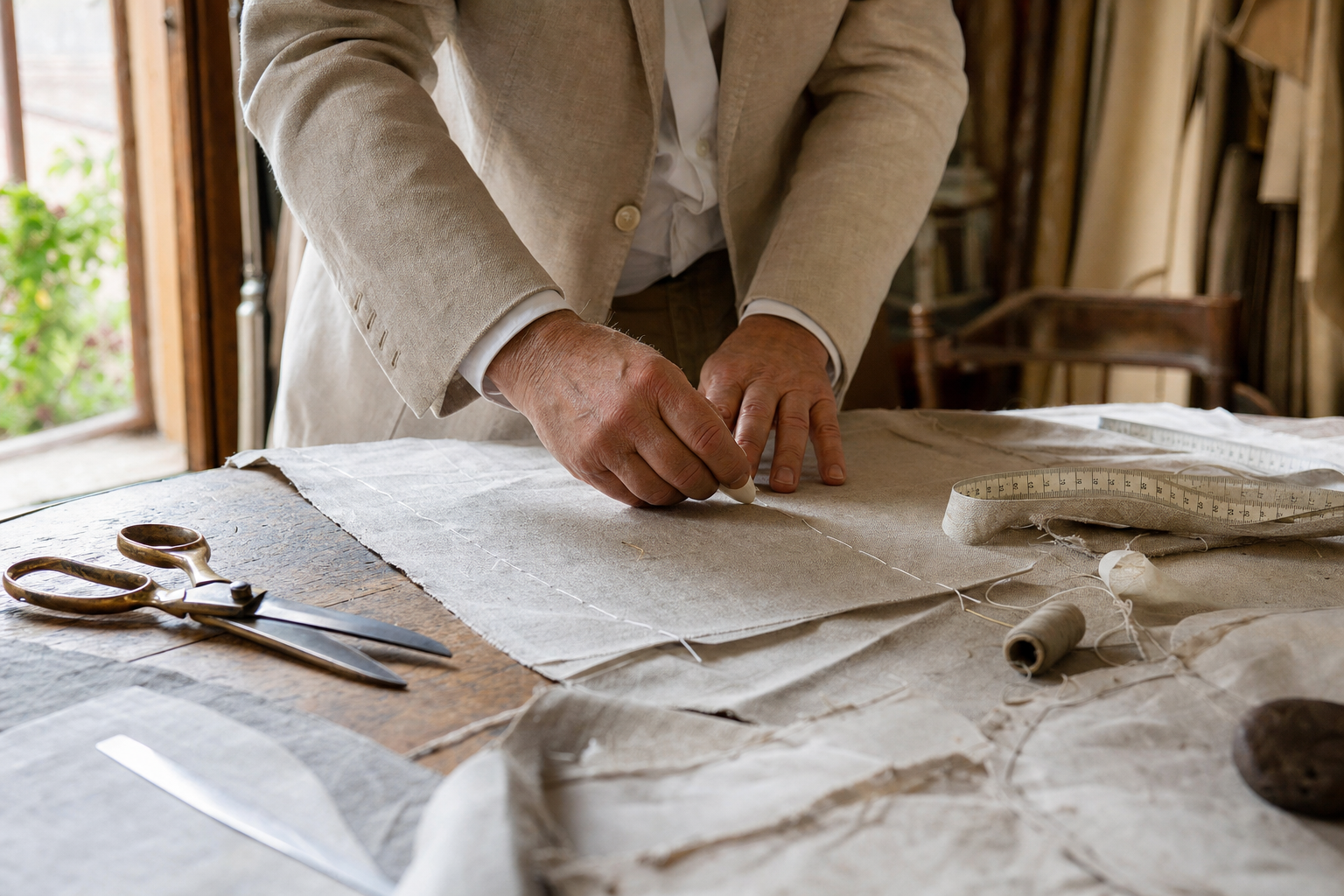 Neapolitan tailor hands marking linen for a bespoke suit
