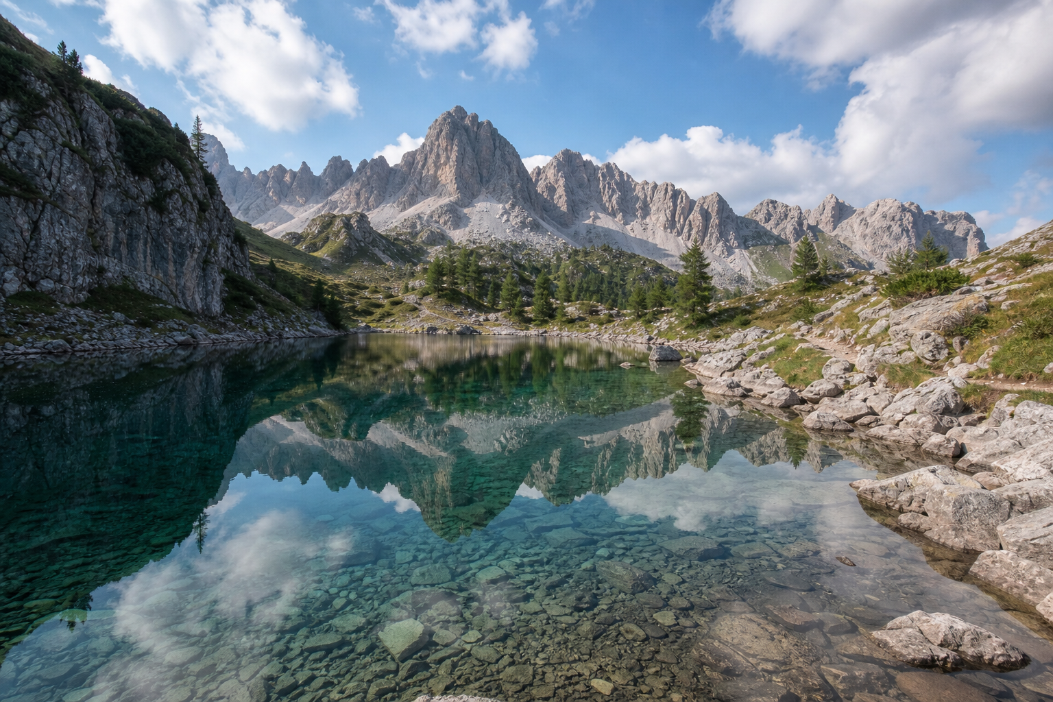 Crystal-clear alpine lake reflecting Dolomite peaks in Trentino
