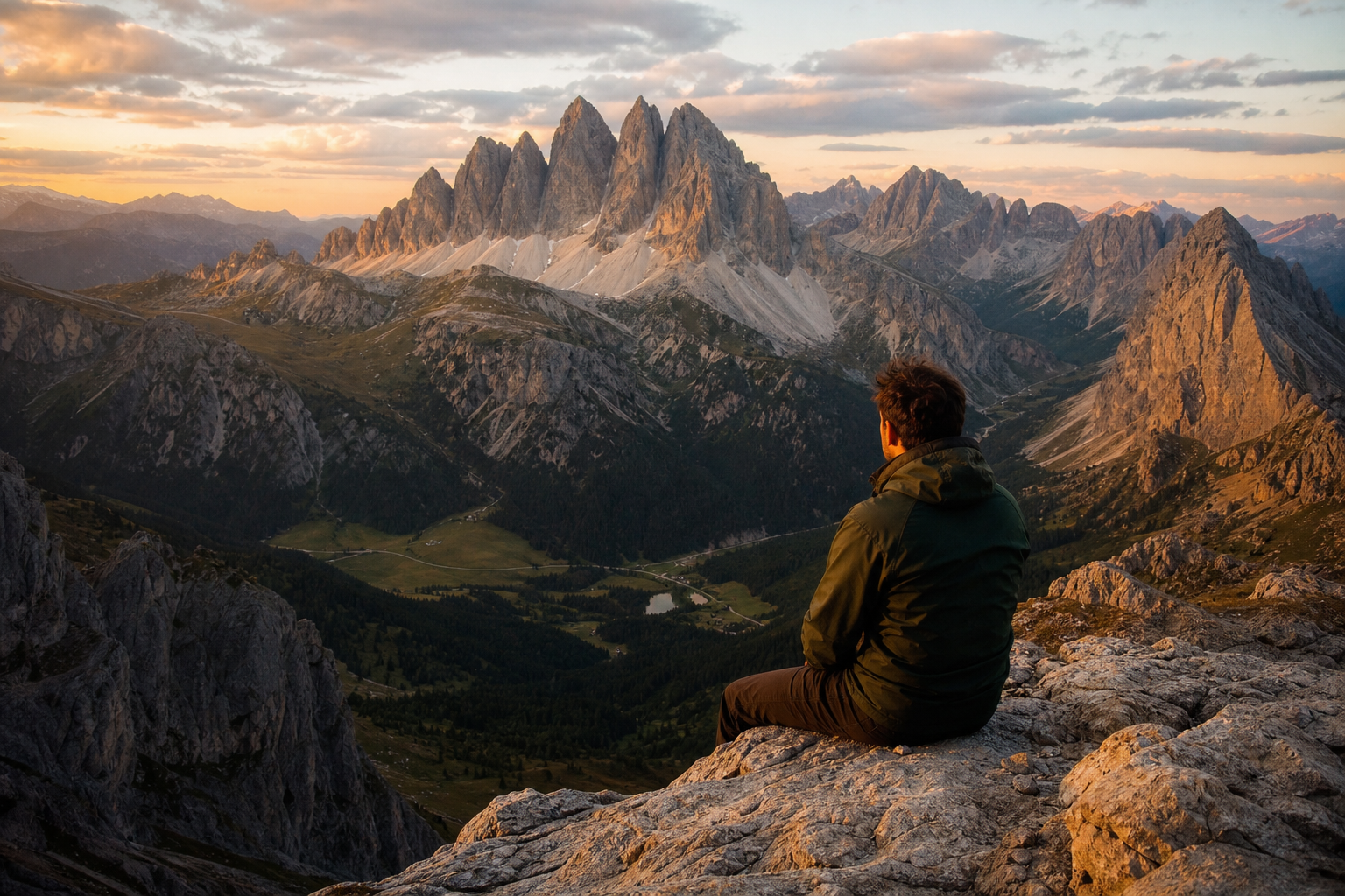 Hiker overlooking a Dolomite valley at golden hour