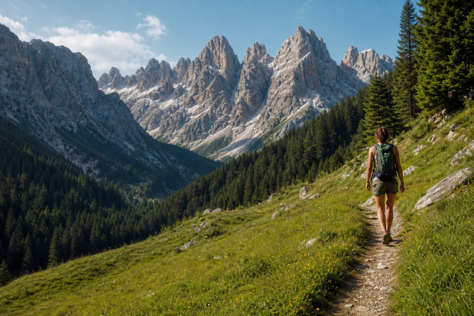 Green alpine meadow path in the Dolomites, Val di Fassa