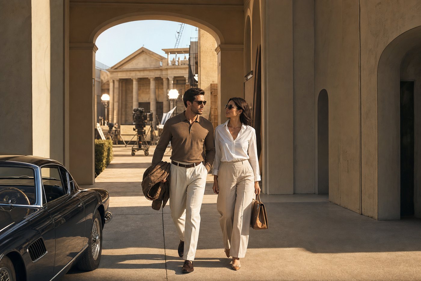 Elegant travelers beginning a private Fashion and Speed journey between Rome and Italian performance