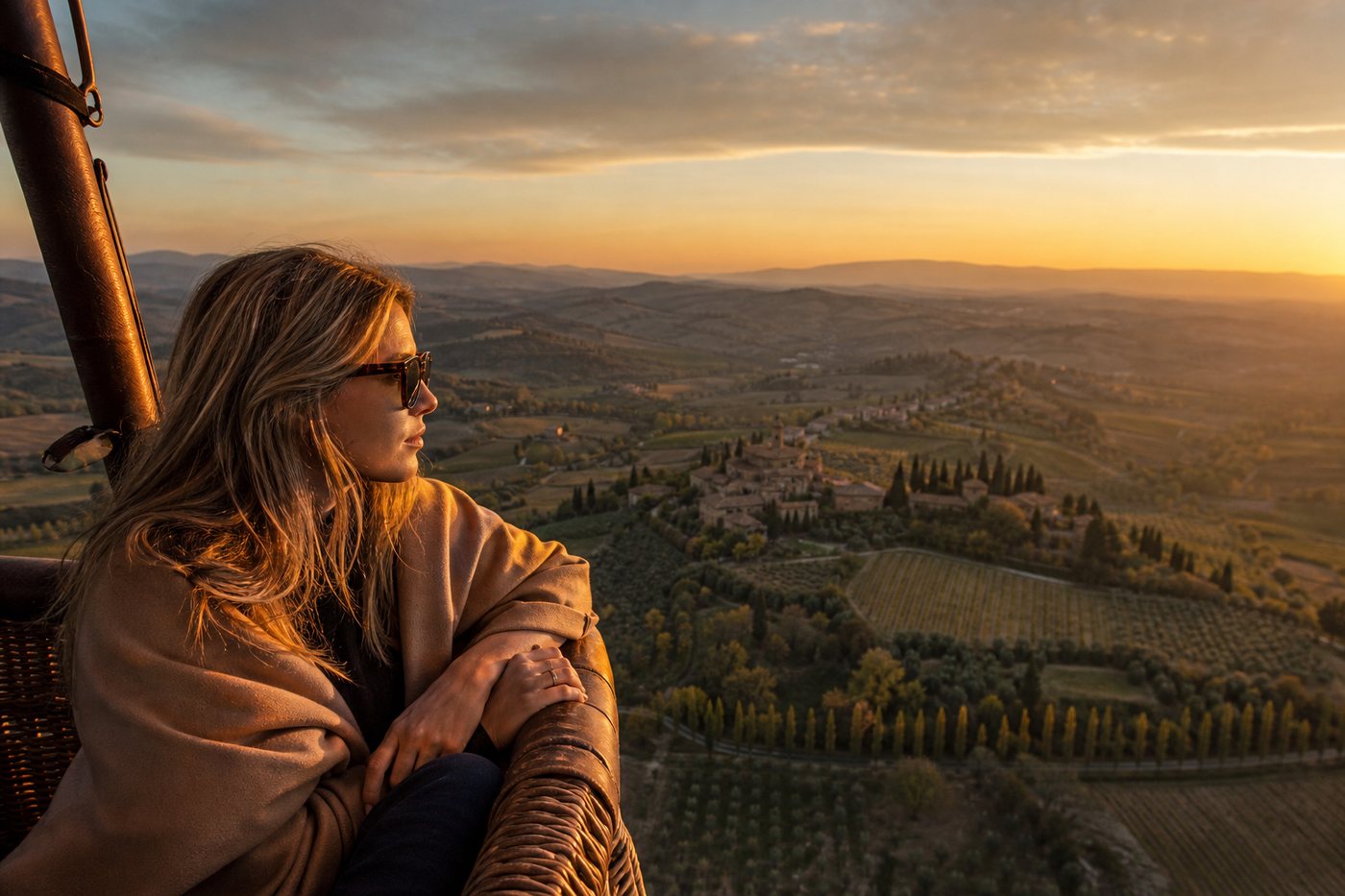 Private hot air balloon above Chianti at dawn