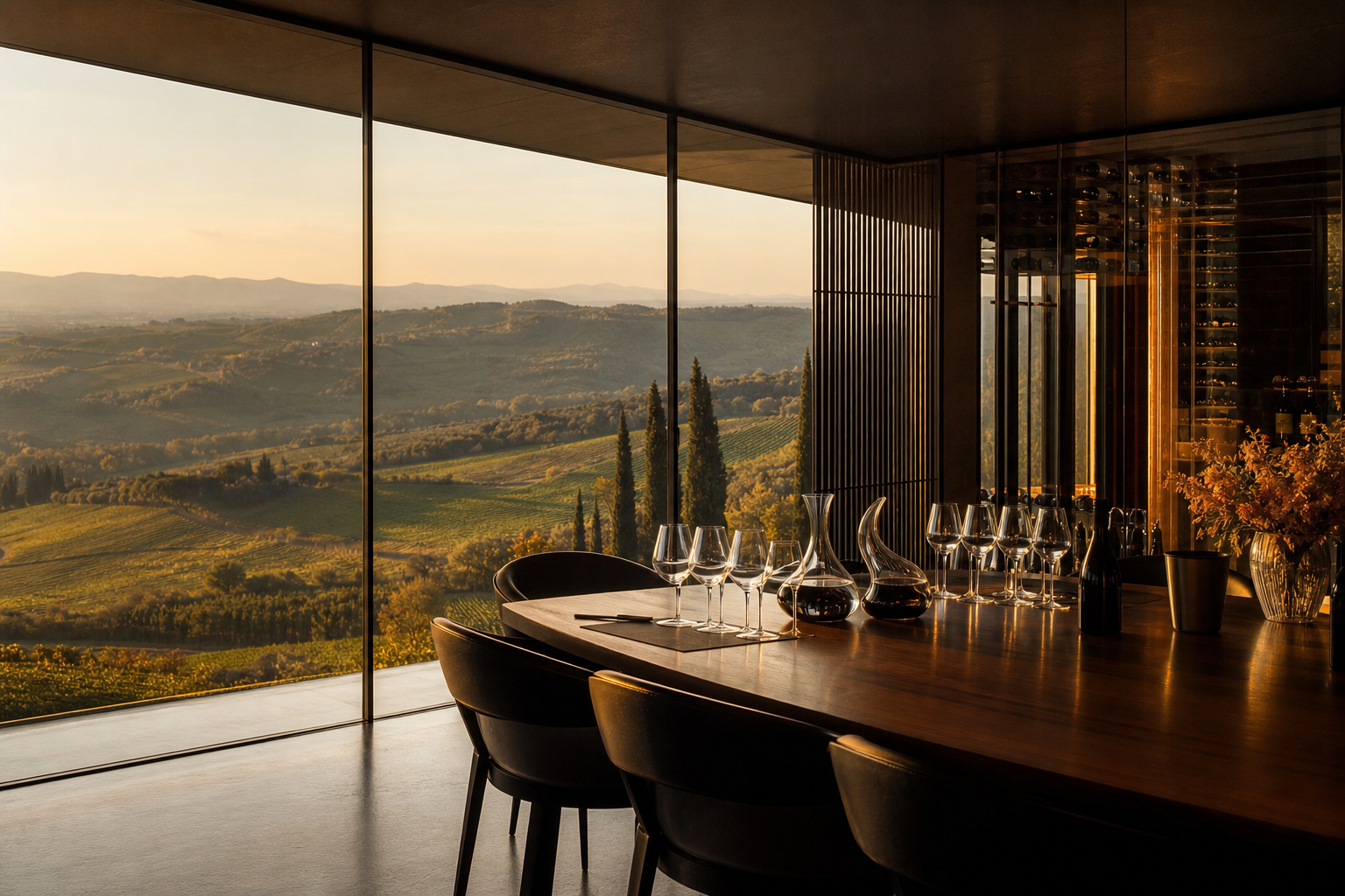 Chianti wine architecture and private tasting room at golden hour